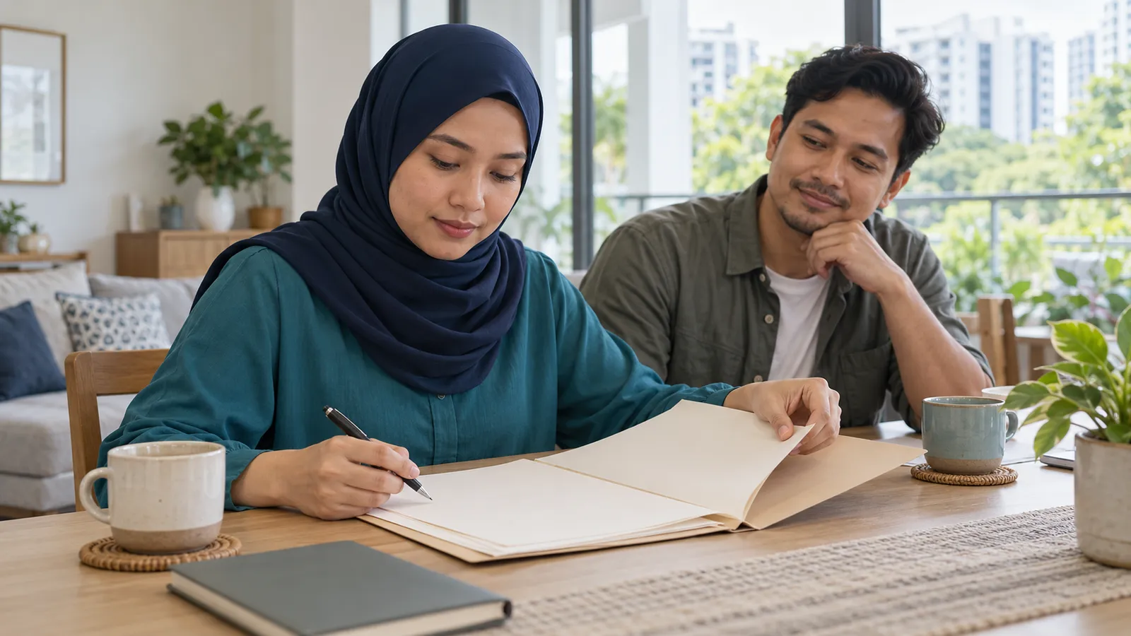 A woman in a navy hijab sorts papers beside her partner at a sunlit table in their Singapore home.