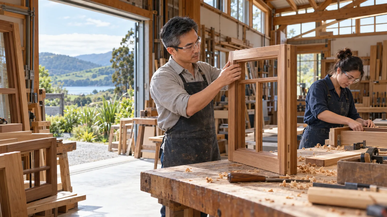 A man checks a timber window frame while a colleague works beside him in a sunlit New Zealand workshop.
