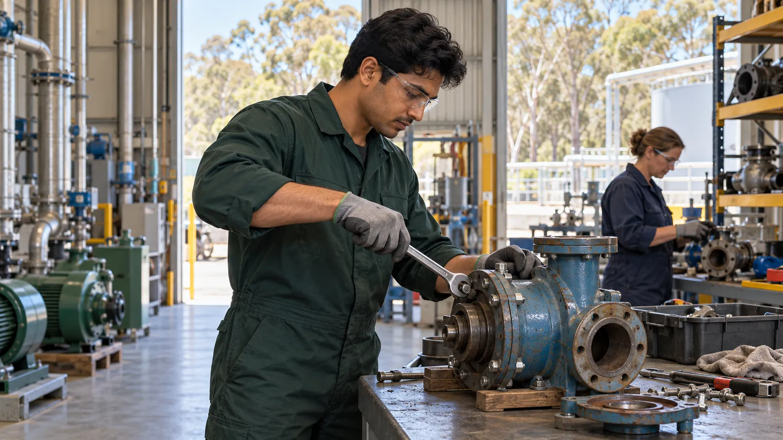 A technician in dark green workwear adjusts a water pump while a colleague works nearby.