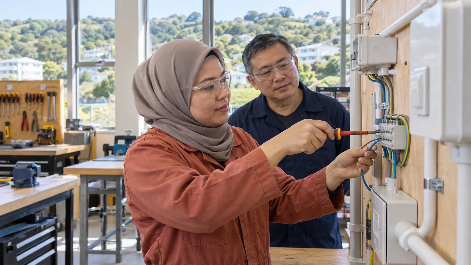 A woman in a taupe hijab demonstrates electrical wiring while a colleague watches in a bright workshop.