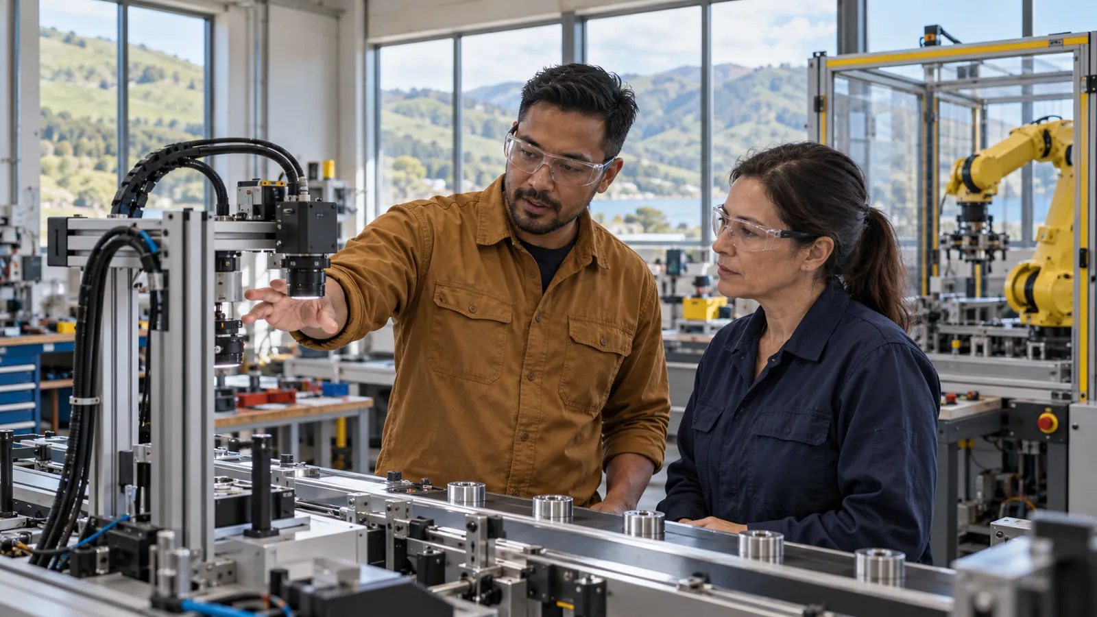A man in an ochre shirt and his colleague inspect a machine-vision camera in a bright automation workshop.